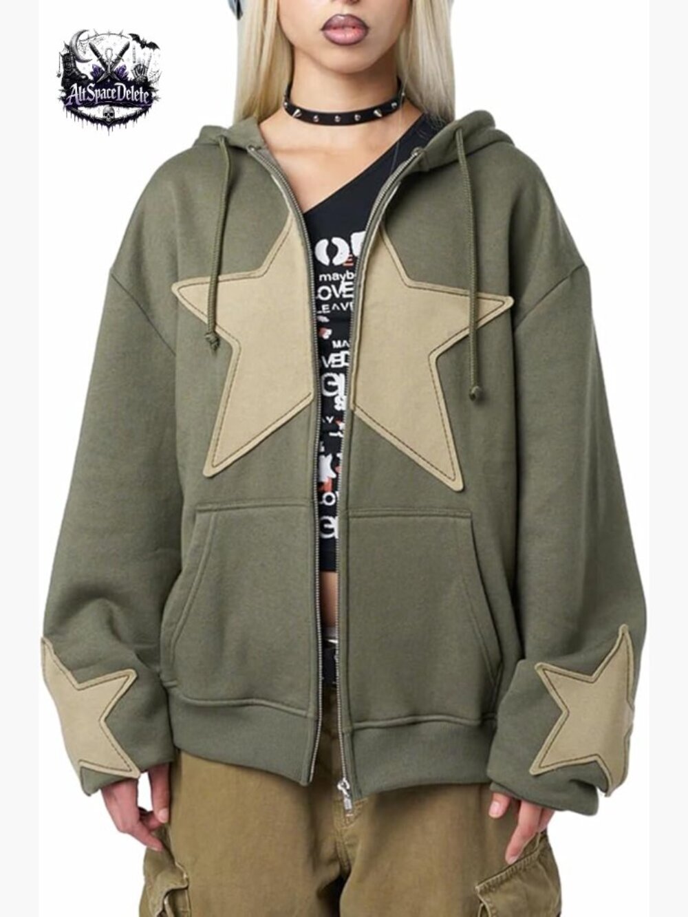 Oversized Zip Hoodie with Star Graphic, Long Sleeve, Kangaroo Pocket, Polyester